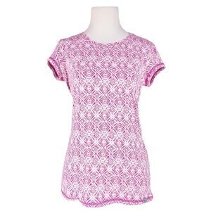 TITLE NINE Grace Short-Sleeve Ruched-Back Tee in White/Fuchsia Batik Size XS